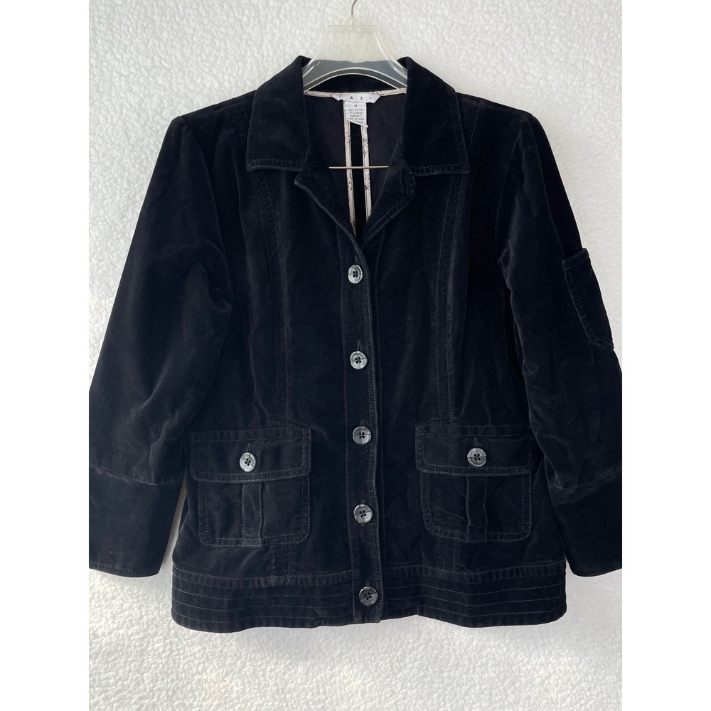 Cabi Black Velvet Button Front Jacket Style 649 Womens Medium Cotton Collared